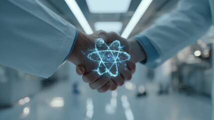 Astronauts or Scientists Forming Agreement with Holographic Atom Illustration