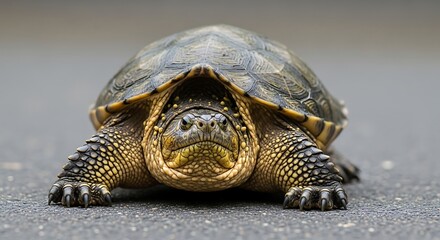Obraz premium Aggressive Turtle Crawls on Asphalt Road.