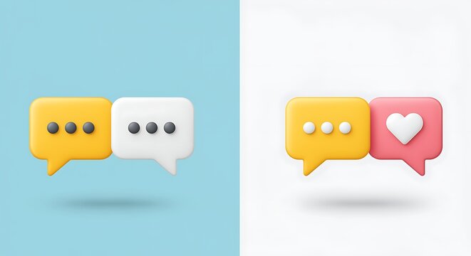 3D Render of Chat Bubbles Representing Communication and Social Media Engagement with Like and Typing Notification