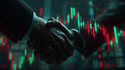 Business Deal Handshake with Stock Market Data in Background