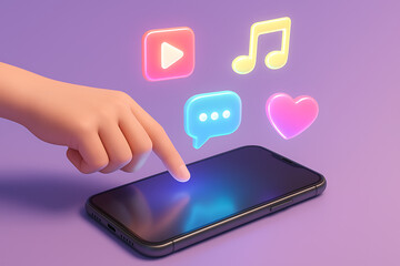 Social media marketing concept with a hand touching a smartphone screen and floating neon icons representing music video chat and likes
