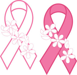 Floral pink ribbons for breast cancer awareness, feminine health symbol, October campaign, hope and support illustration, elegant charity icon