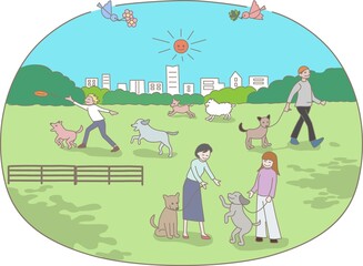 公園で犬と人々が集い楽しんでいるイラスト
