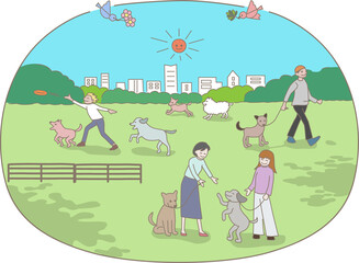 公園で犬と人々が集い楽しんでいるイラスト