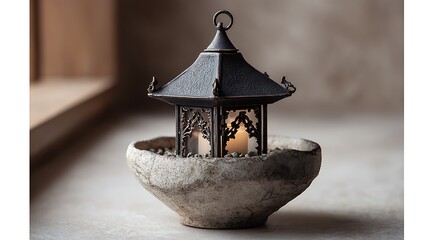 An antique lantern placed in a ceramic bowl, evoking a vintage aesthetic with soft, warm lighting that brings an old-world charm.