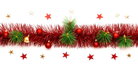 Christmas tinsel border decoration isolated on a clean white background