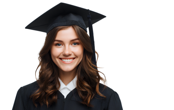 a beautiful woman smiling in a graduation gown and cap, with a transparent background, a png clipart with a white border, and no shadows.