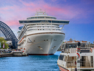 Cruise Liner in Circular Quay on Sydney harbour NSW Australia The harbour bridge in the background