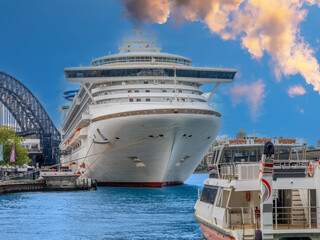 Cruise Liner in Circular Quay on Sydney harbour NSW Australia The harbour bridge in the background