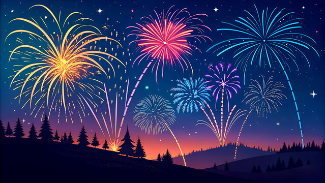 Colorful fireworks lighting up the dark night sky with space for text