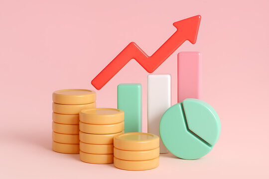 3d illustration of financial success and investment growth, featuring stacked gold coins, a rising red arrow, bar charts in mint green, white, and pink, and a pie chart - Powered by Adobe