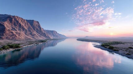 Fototapeta premium River Valley at Sunrise with Cinematic HDR Displaying Mountains Water Reflection and Colorful Sky Near Horizon