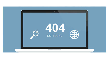 A laptop computer displaying a 404 Not Found error message on its screen, with search and web icons.