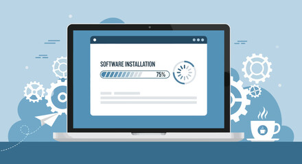 A laptop screen displays a software installation progress bar with gears and a paper airplane in the background, symbolizing technology and progress.
