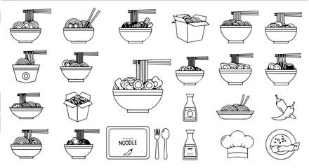 Minimalist monochrome line art vector icons featuring a wide variety of delicious Asian noodle dishes, serving bowls, take-out options, and essential culinary tools