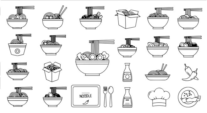 Minimalist monochrome line art vector icons featuring a wide variety of delicious Asian noodle dishes, serving bowls, take-out options, and essential culinary tools