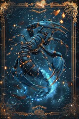 Cosmic Scorpion in Starry Background with Glowing Blue Highlights and Decorative Gold Frame in an Illustrative Style