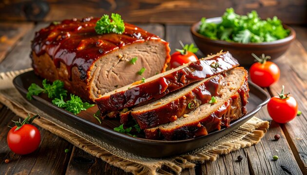 Sliced BBQ meatloaf on a plate