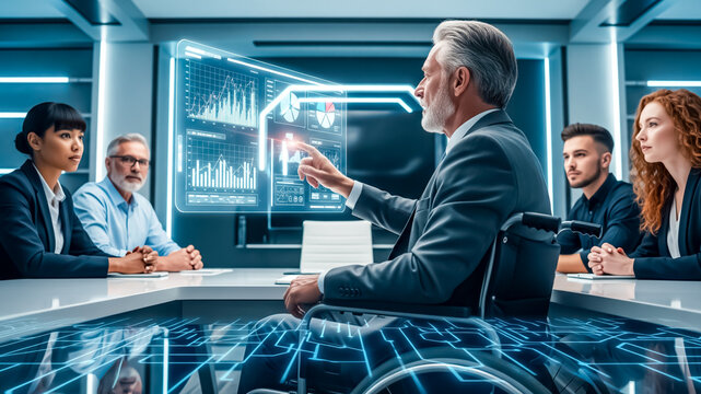 Senior businessman in wheelchair presenting data on holographic screen to a diverse team - Powered by Adobe
