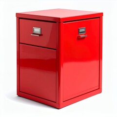 Vibrant vermillion filing cabinet, organizational storage solution with drawers against white background