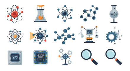 A grid of flat design icons depicting science technology and engineering concepts © Faisal