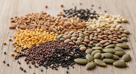 Obraz premium Assortment of various grains and seeds on wooden surface.