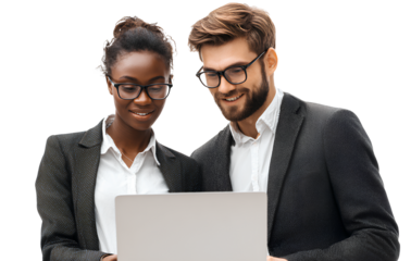 a couple of young professional people looking at a laptop, transparent background