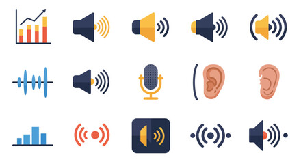 Array of 15 flatstyle icons related to sound volume and hearing