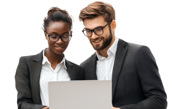  a couple of young professional people looking at a laptop, transparent background