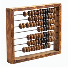 Vintage wooden abacus counting tool with beads on wire, representing calculations on white background