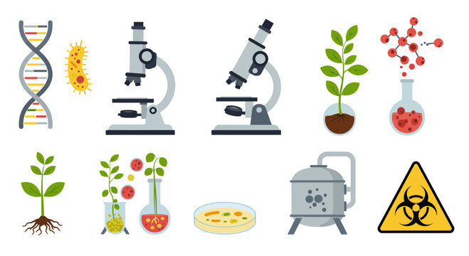 Collection of sciencerelated icons including DNA microbes microscopes plants flasks and a biohazard sign