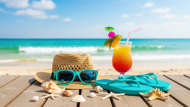 Beach vacation scene with hat, sunglasses, drink, and flip-flops on a wooden surface.