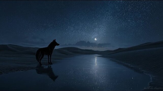 Nighttime desert landscape with wolf
