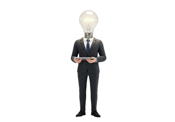 Isolated businessman with glowing lightbulb head holding digital tablet representing innovation and creative business ideas