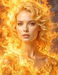 Woman with blonde hair in fiery flames