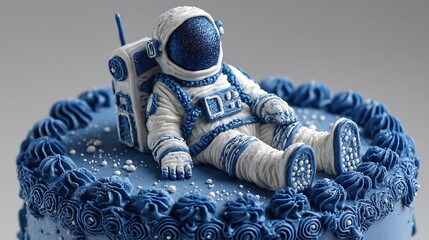 An astronaut-themed blue cake, designed to transport you into outer space with its cosmic design and creative appeal.
