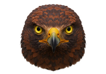 Isolated majestic hawk head close up with piercing yellow eyes and sharp beak detailed brown feathers powerful bird of prey wildlife animal