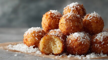 Golden crispy coconut balls piled up one bite revealing a soft interior scattered on parchment paper