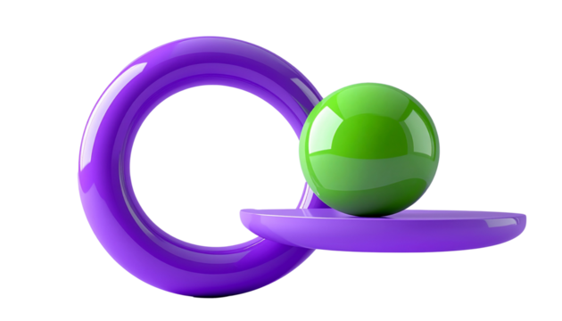 Glossy purple and green ribbon circle symbol design isolated on white with a shiny plastic globe icon illustration.