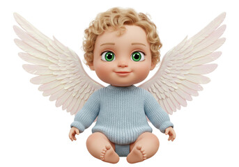 Fototapeta premium Isolated cute baby angel with blonde curly hair and green eyes wearing a blue sweater and white wings smiling while sitting