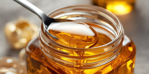 Golden Honey in Glass Jar with Spoon