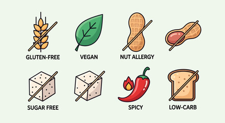 Collection of dietary restriction and food preference icons including gluten-free, vegan, nut allergy, sugar-free, spicy, and low-carb.