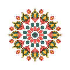 Symmetrical mandala with coral yellow and teal colors