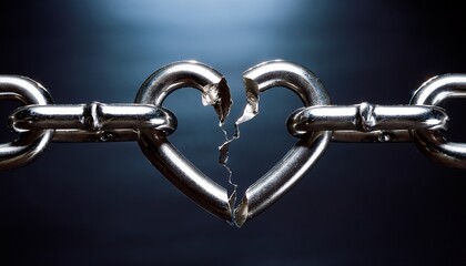 a close up of a broken metallic chain link shaped like a heart symbolizing fragility and broken connections