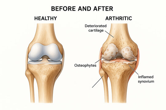 Comparison of a healthy knee joint with an arthritic knee joint, illustrating deteriorated cartilage, osteophytes, and inflamed synovium.