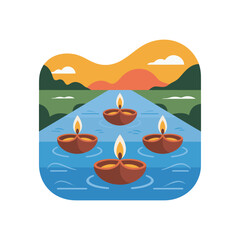 Four lit diyas floating on a blue river at sunset lamp