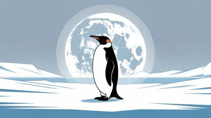 Obraz premium A solitary emperor penguin stands on an icy plain under a large full moon, with snowcovered hills in the background, evoking a sense of cold and isolation in the antarctic wilderness