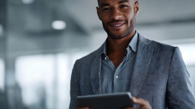 A confident and smiling businessman holds a tablet while standing in a modern professional office environment