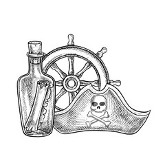 Pirate theme. Three-cornered hat, ship s wheel, and scroll in a bottle. Black and white graphics, hand-drawn vector illustrations. For children s games and celebrations. For stickers, posters, banners