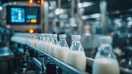 Milk Bottles On Conveyor Belt In Modern Dairy Factory